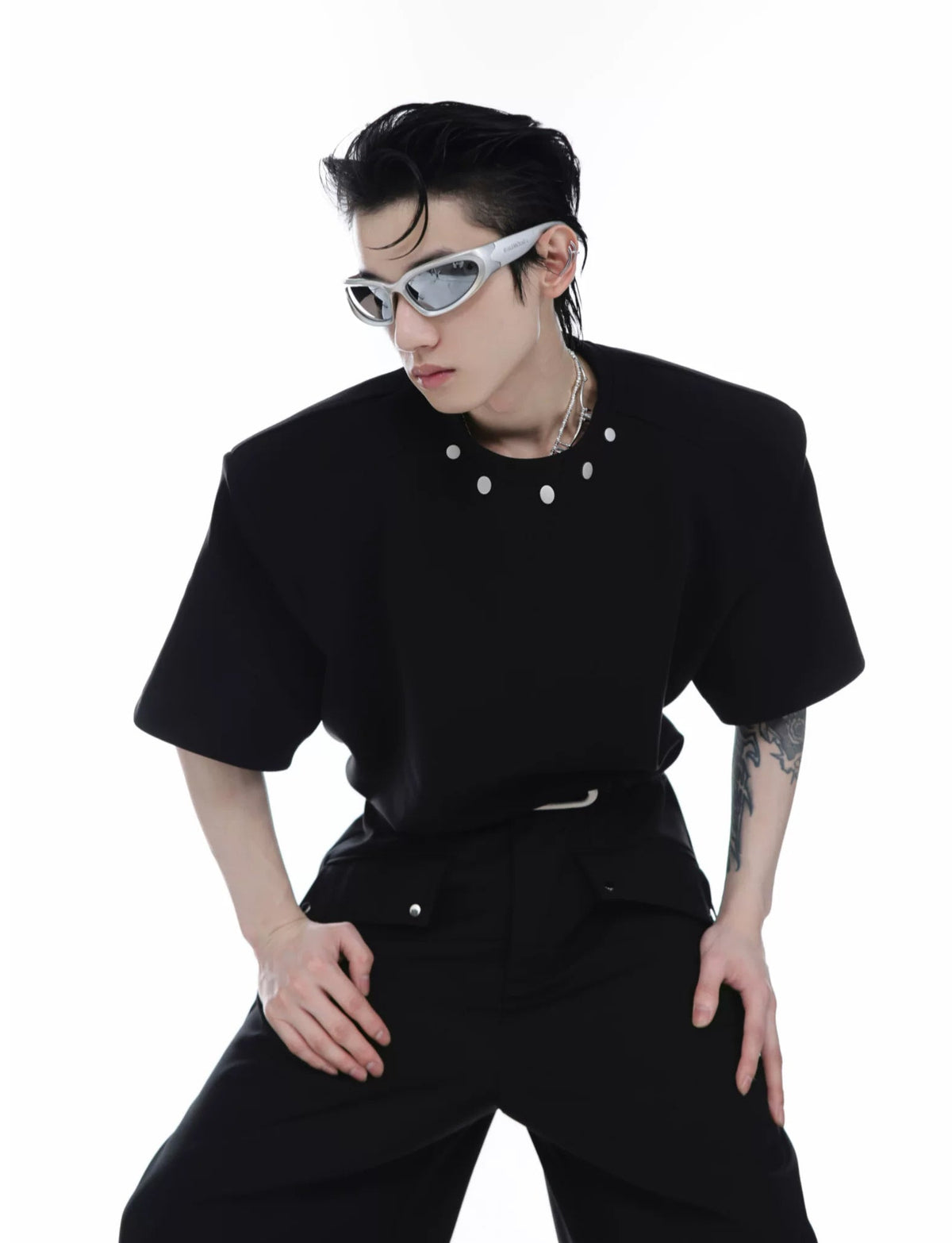 Metal-Button Padded-Shoulder T-Shirt — Black — styling view 2