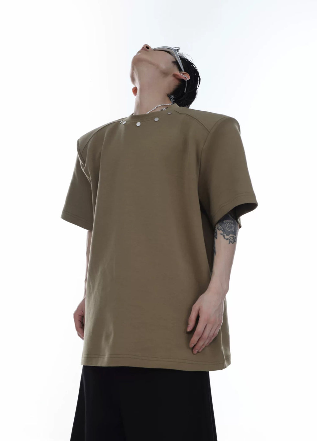 Metal-Button Padded-Shoulder T-Shirt — Brown — styling view 1