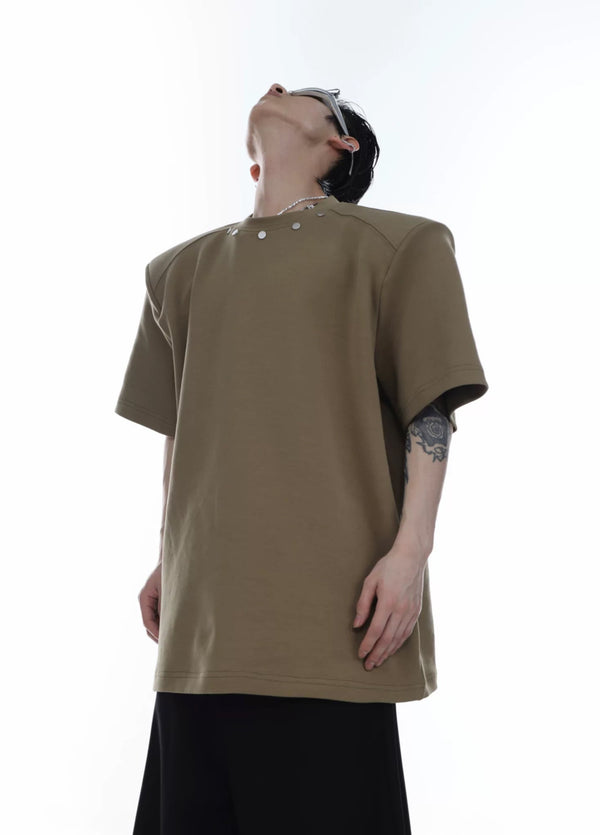 Metal-Button Padded-Shoulder T-Shirt — Brown — styling view 1