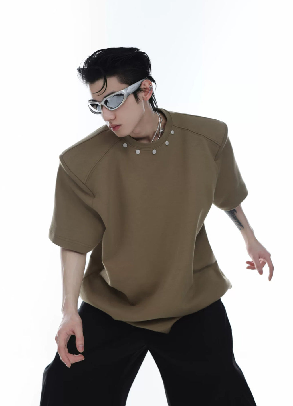 Metal-Button Padded-Shoulder T-Shirt — Brown — styling view 2