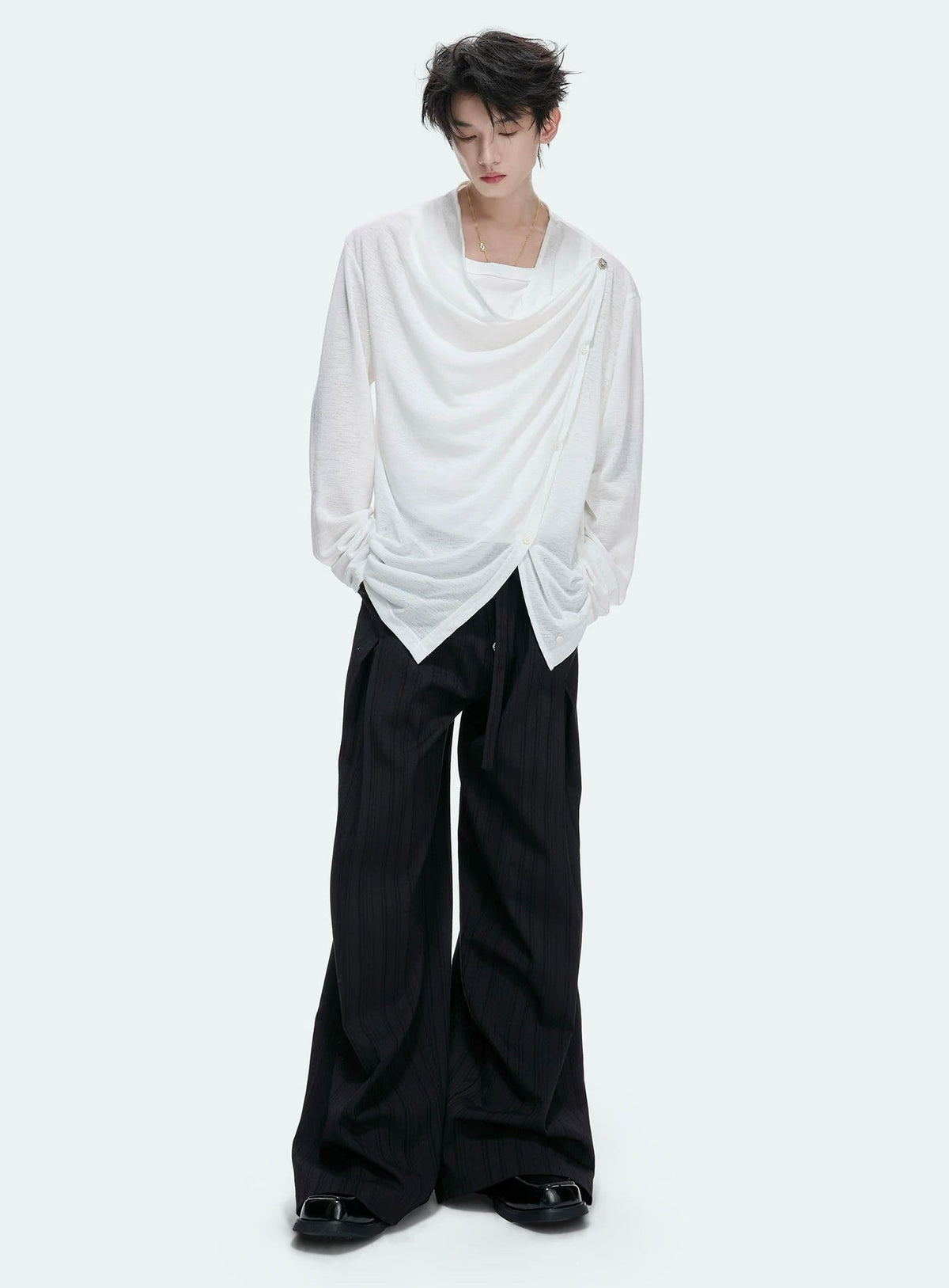 Asymmetric-Button Textured Long-Sleeve Top - COPPING THREADS - Argue Culture