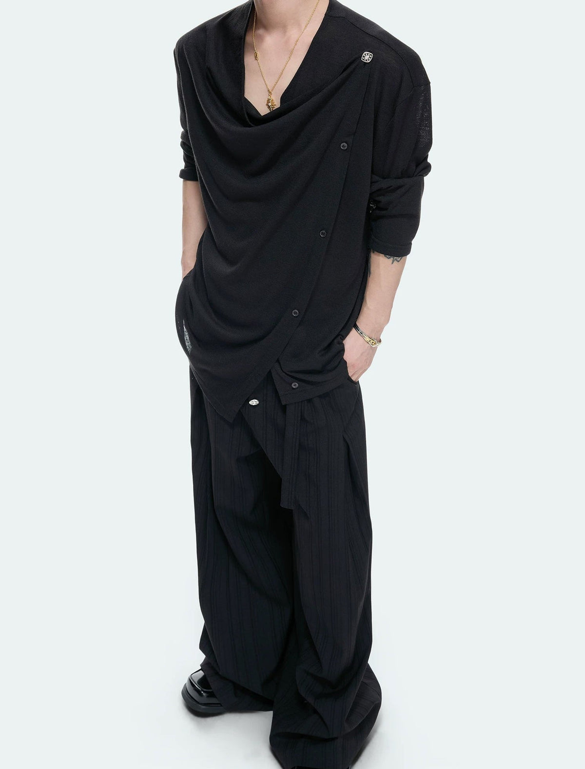 Asymmetric-Button Textured Long-Sleeve Top - COPPING THREADS - Argue Culture