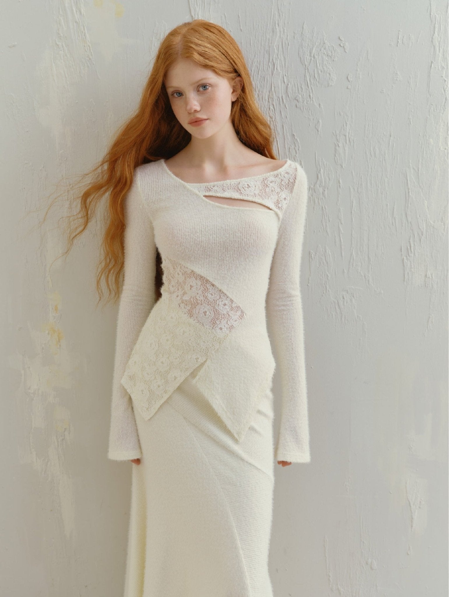 Asymmetric Lace Patchwork Sheer Knit Top - COPPING THREADS - SALTHE