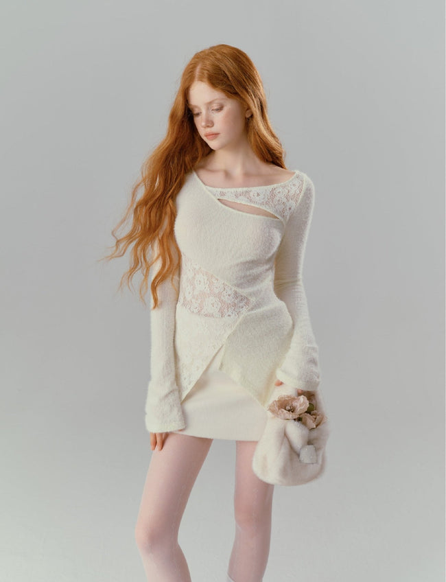 Asymmetric Lace Patchwork Sheer Knit Top Main Image