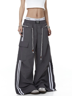Rope-Waist Contrast Stripe Parachute Cargo Pants