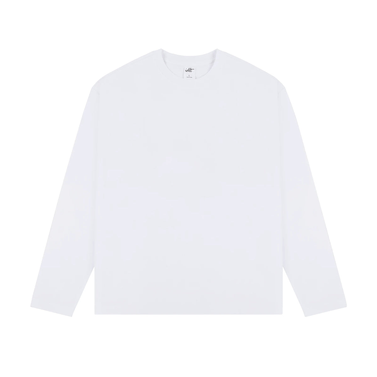 IDLT long sleeve T-shirt, white front.
