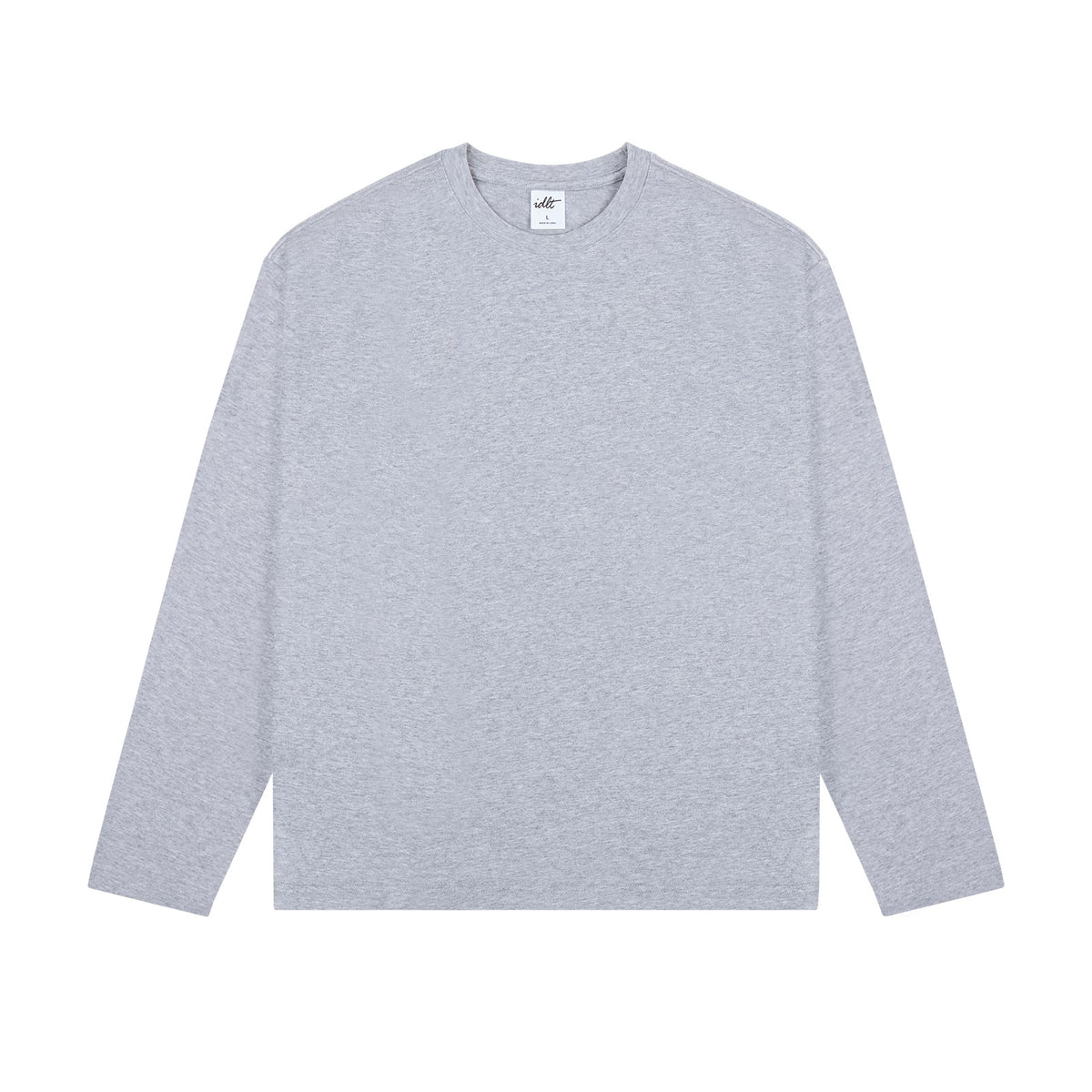 IDLT long sleeve T-shirt, heather gray front.