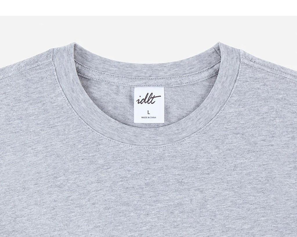 IDLT long sleeve T-shirt, heather gray crewneck.