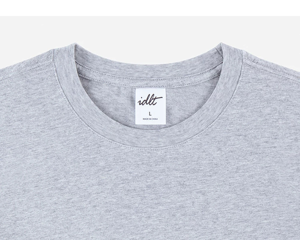 IDLT long sleeve T-shirt, heather gray crewneck.