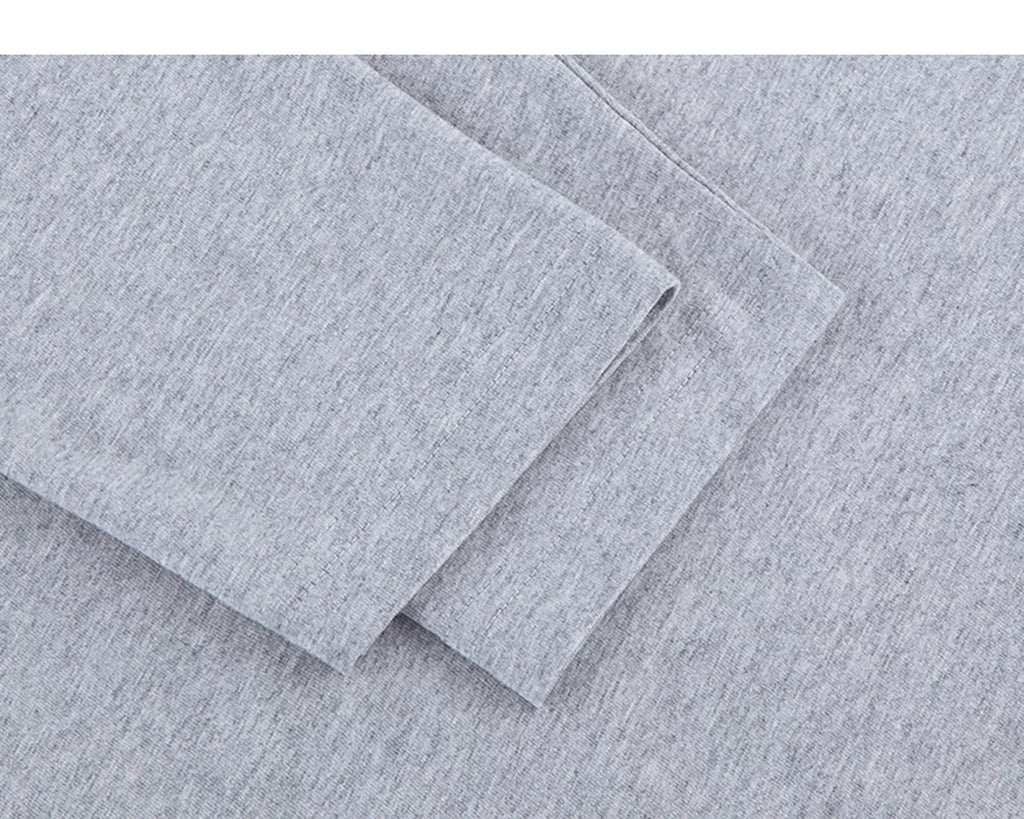 IDLT long sleeve T-shirt, heather gray cuff stitching.