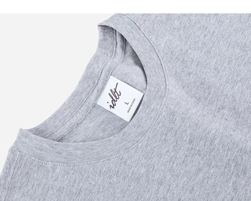 IDLT long sleeve T-shirt, heather gray neckline and label.