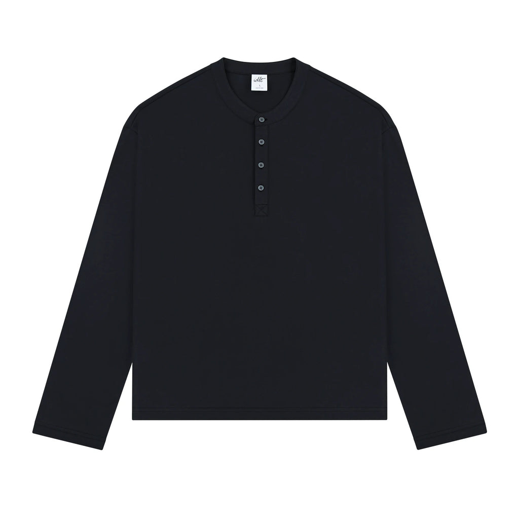 IDLT long sleeve henley, black front.