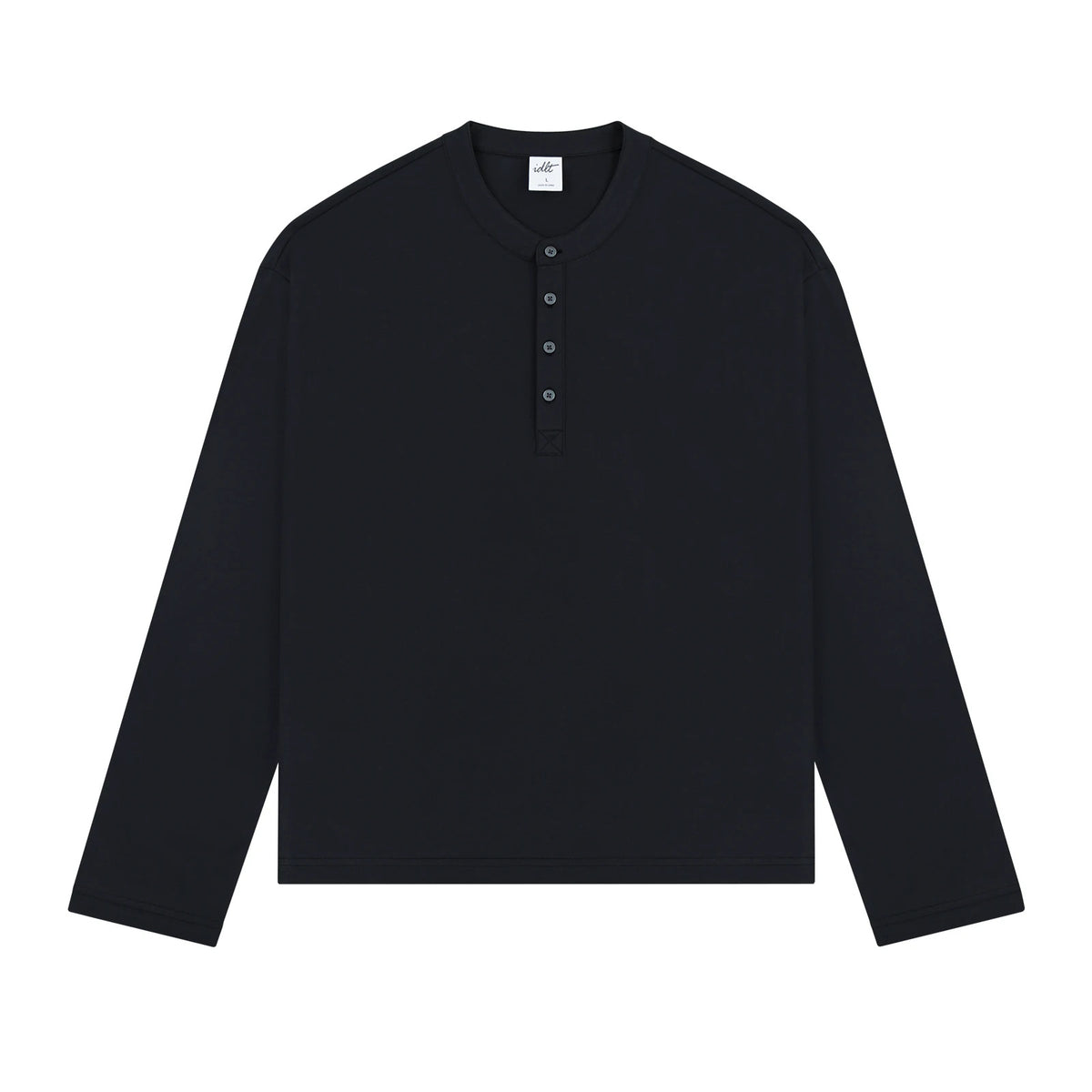 IDLT long sleeve henley, black front.