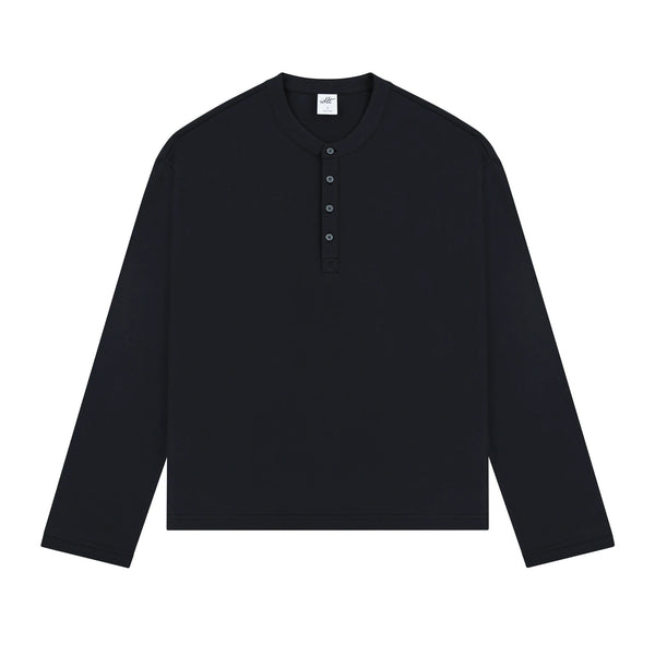 IDLT long sleeve henley, black front.