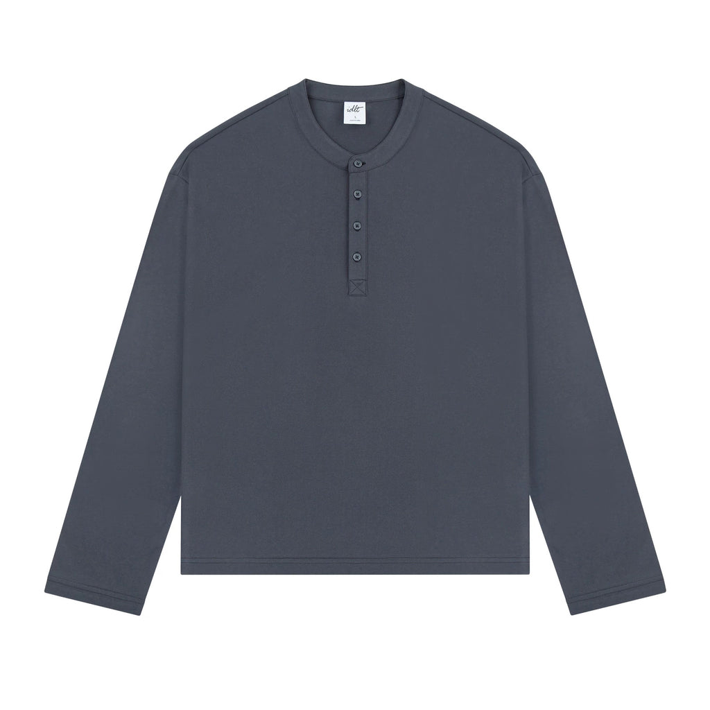 IDLT long sleeve henley, dark gray front.