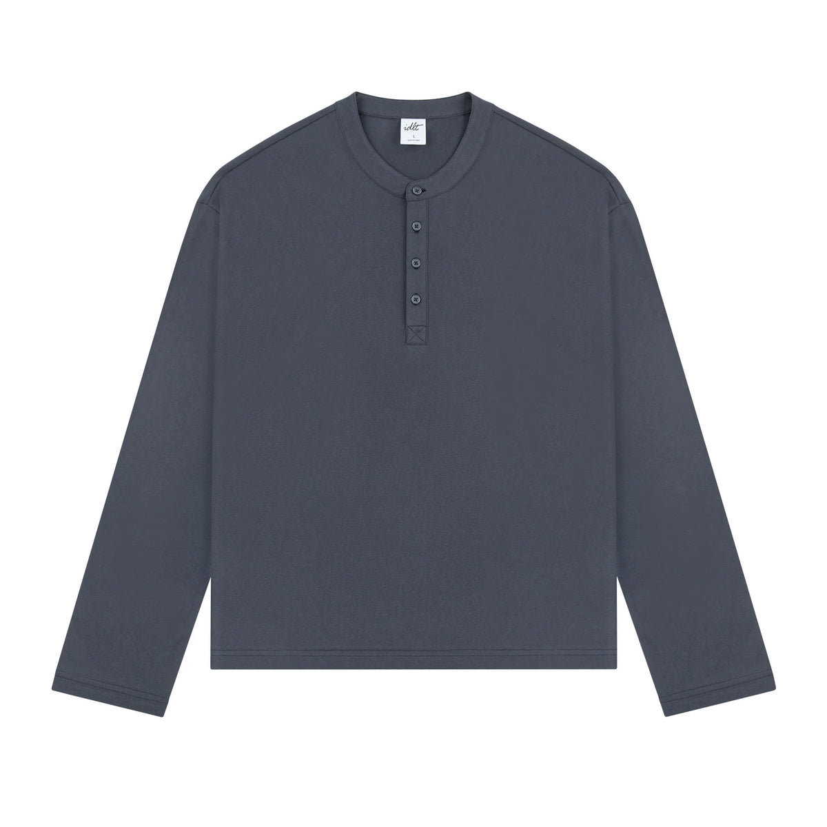 IDLT long sleeve henley, dark gray front.