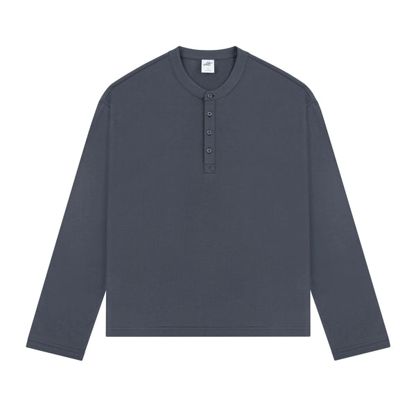 IDLT long sleeve henley, dark gray front.