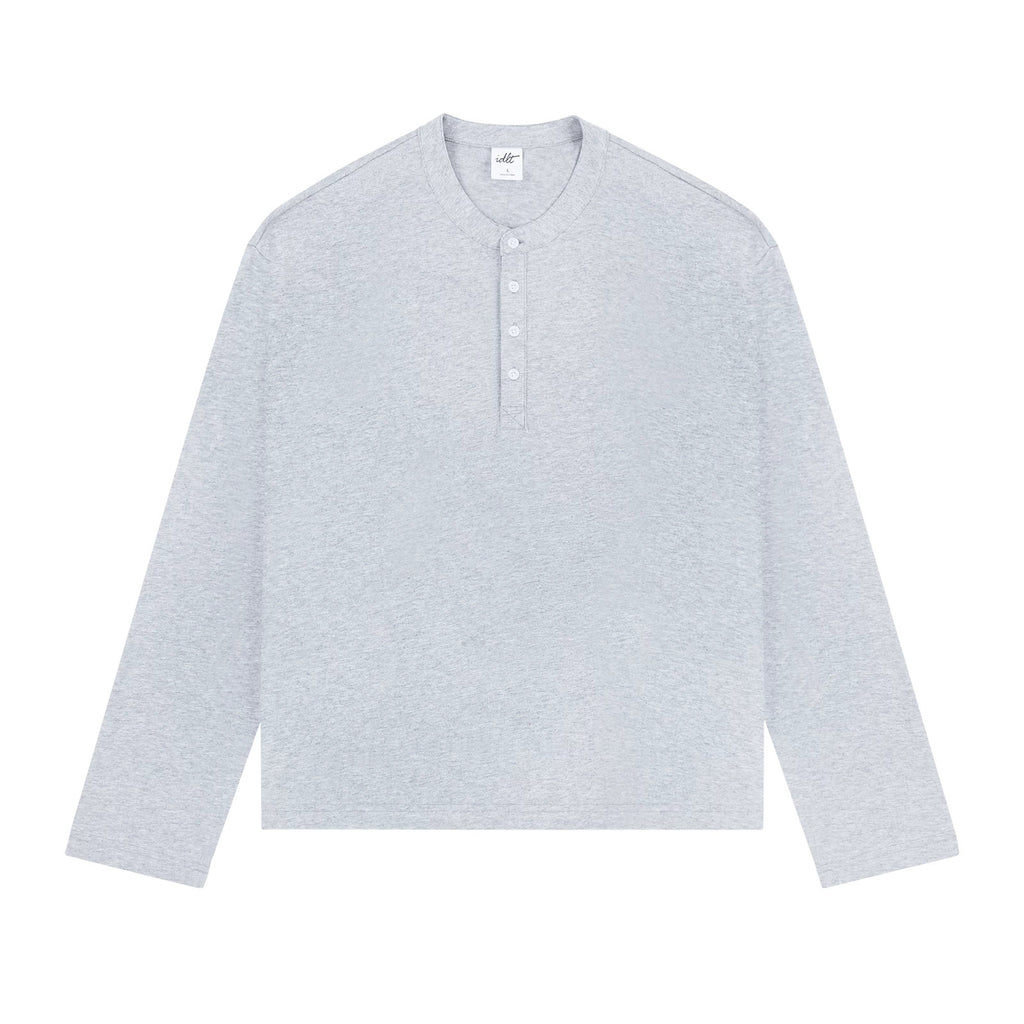 IDLT long sleeve henley, heather gray front.
