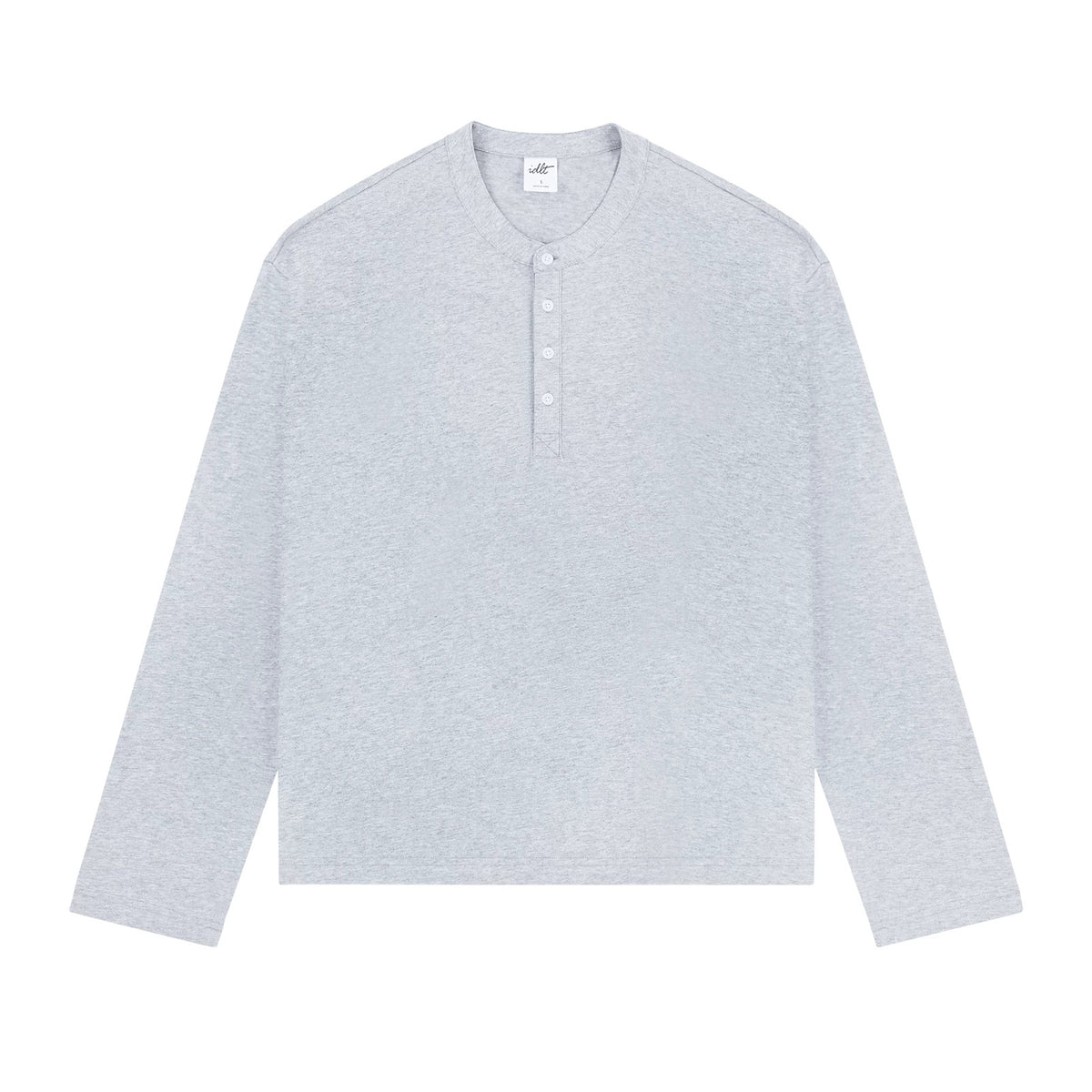 IDLT long sleeve henley, heather gray front.