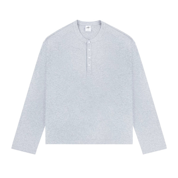 IDLT long sleeve henley, heather gray front.