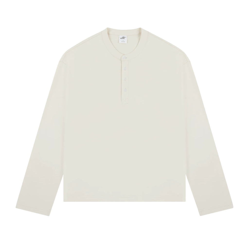IDLT long sleeve henley, cream front.