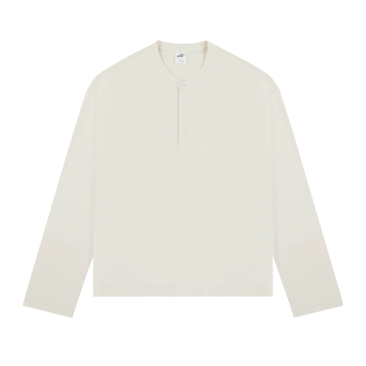 IDLT long sleeve henley, cream front.