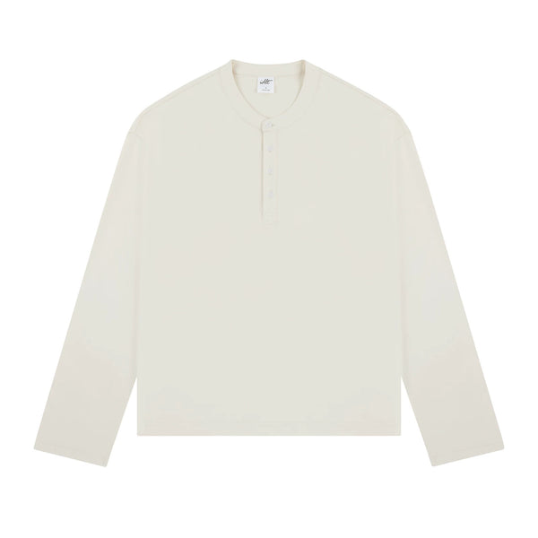 IDLT long sleeve henley, cream front.