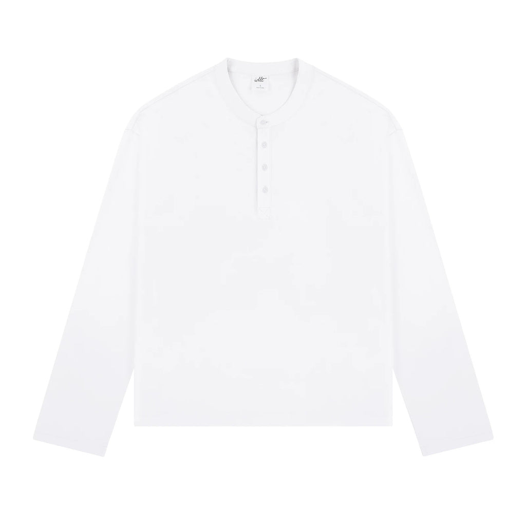IDLT long sleeve henley, white front.