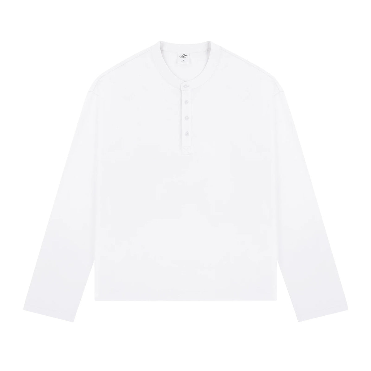IDLT long sleeve henley, white front.
