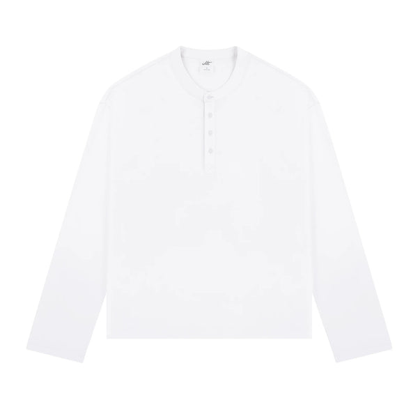 IDLT long sleeve henley, white front.