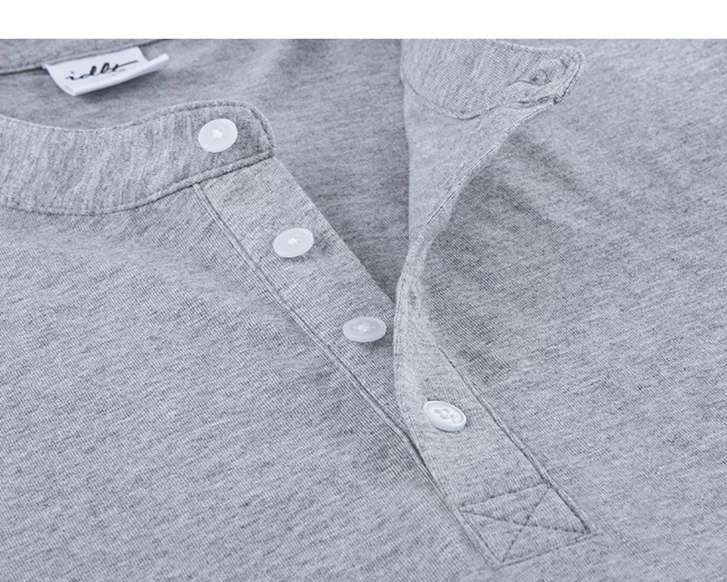 IDLT long sleeve henley, heather gray button placket.