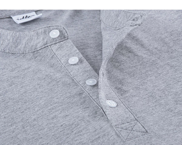 IDLT long sleeve henley, heather gray button placket.