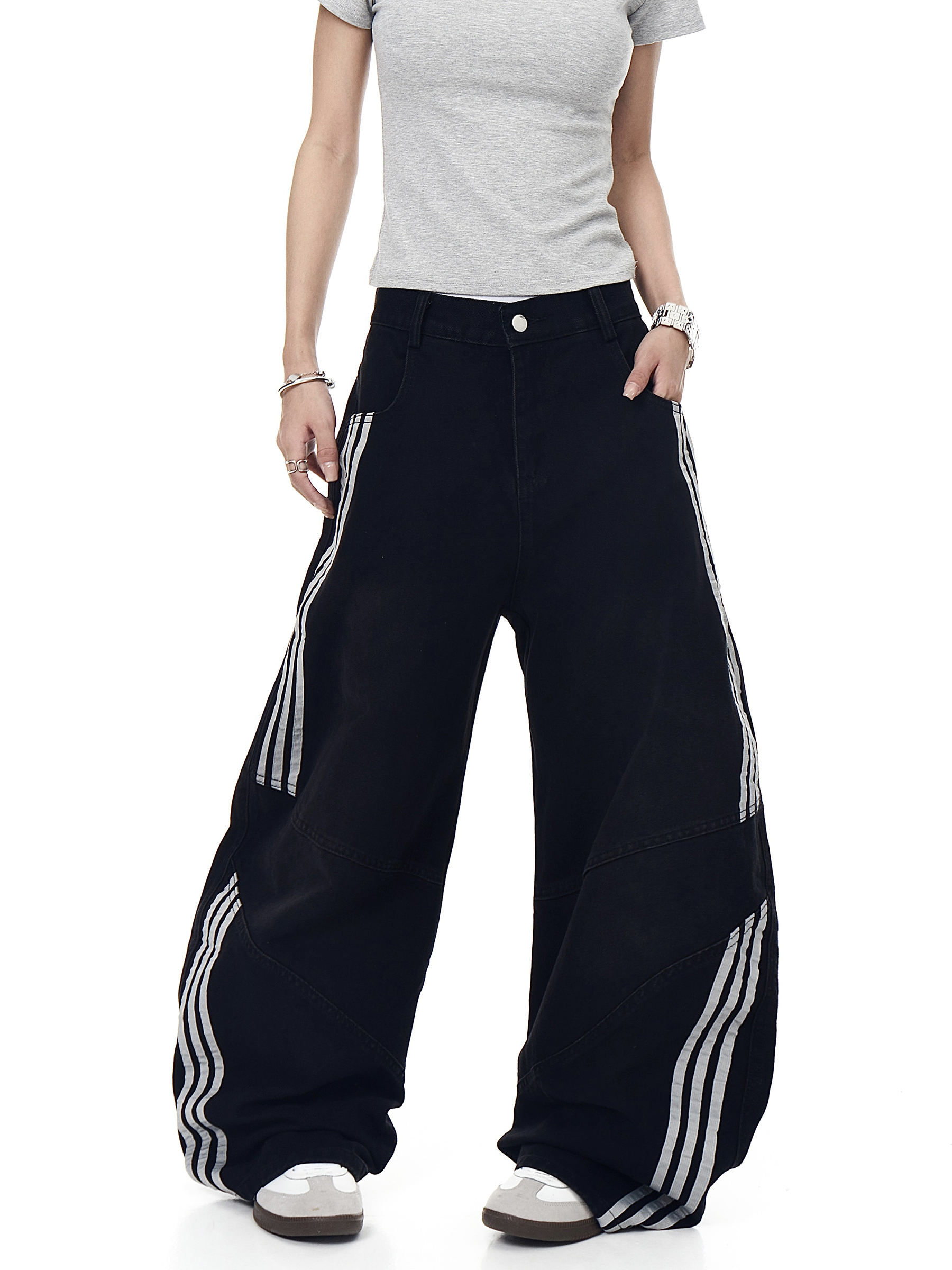 Washed Triple‑Stripe Deconstructed Wide‑Leg Jeans