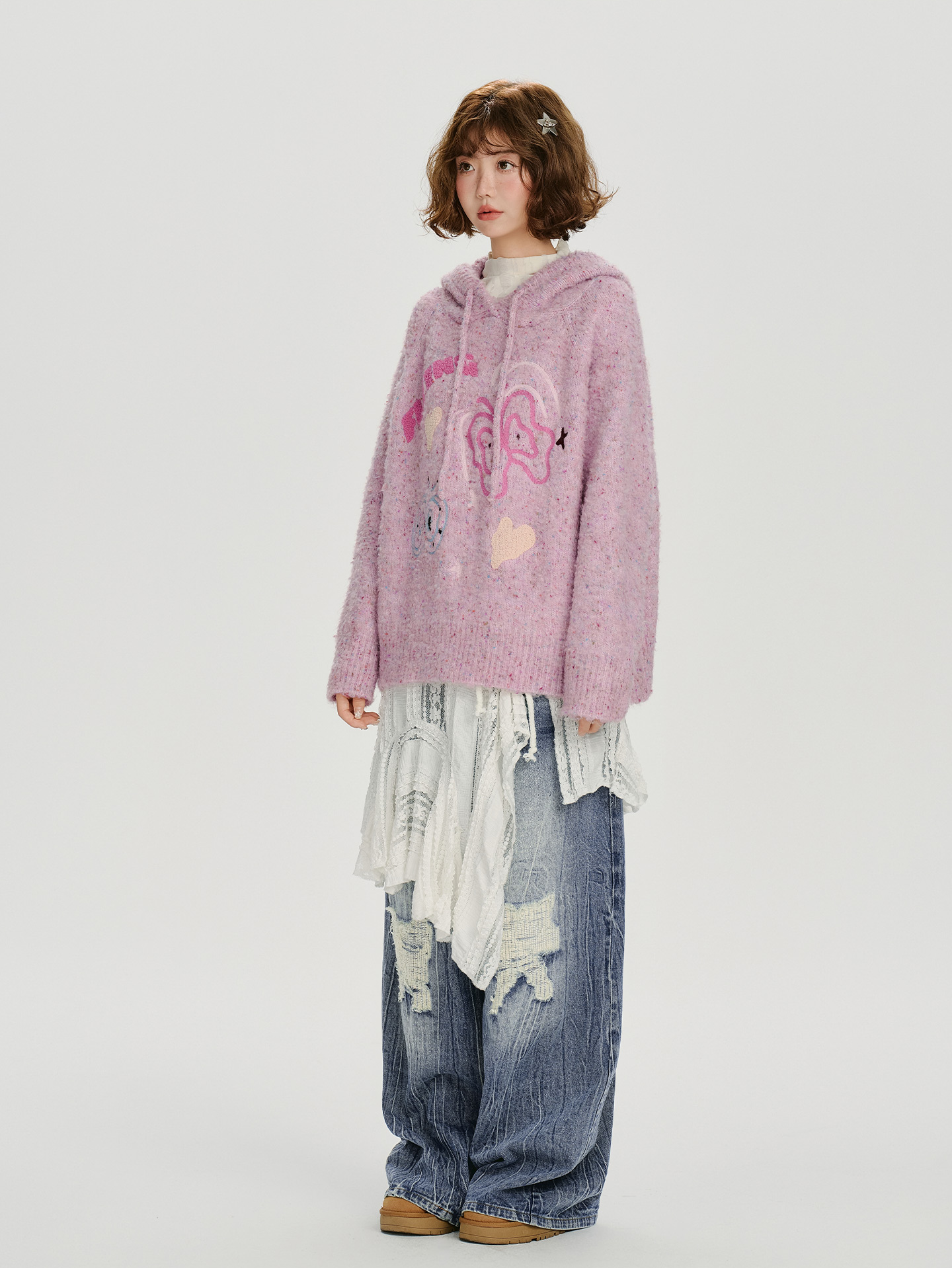 Speckled Jacquard Knit Butterfly Hoodie