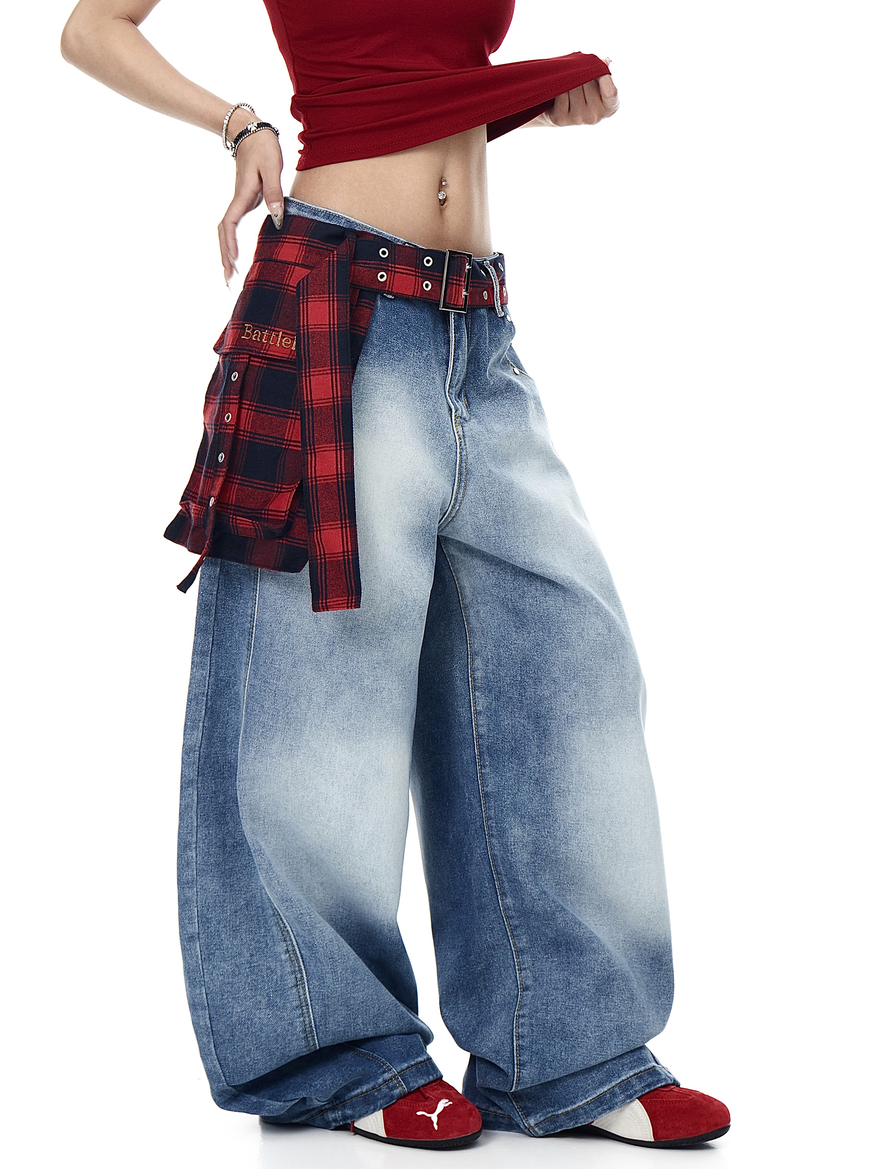 Detachable Plaid Wrap‑Belt Wide‑Leg Jeans