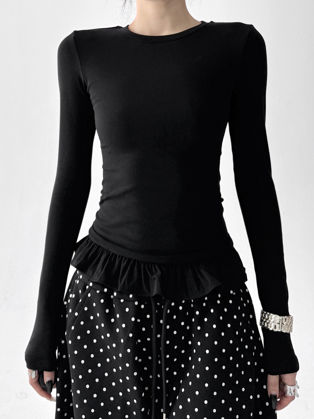 Ruffle Hem Fitted Long Sleeve Top - CT52154