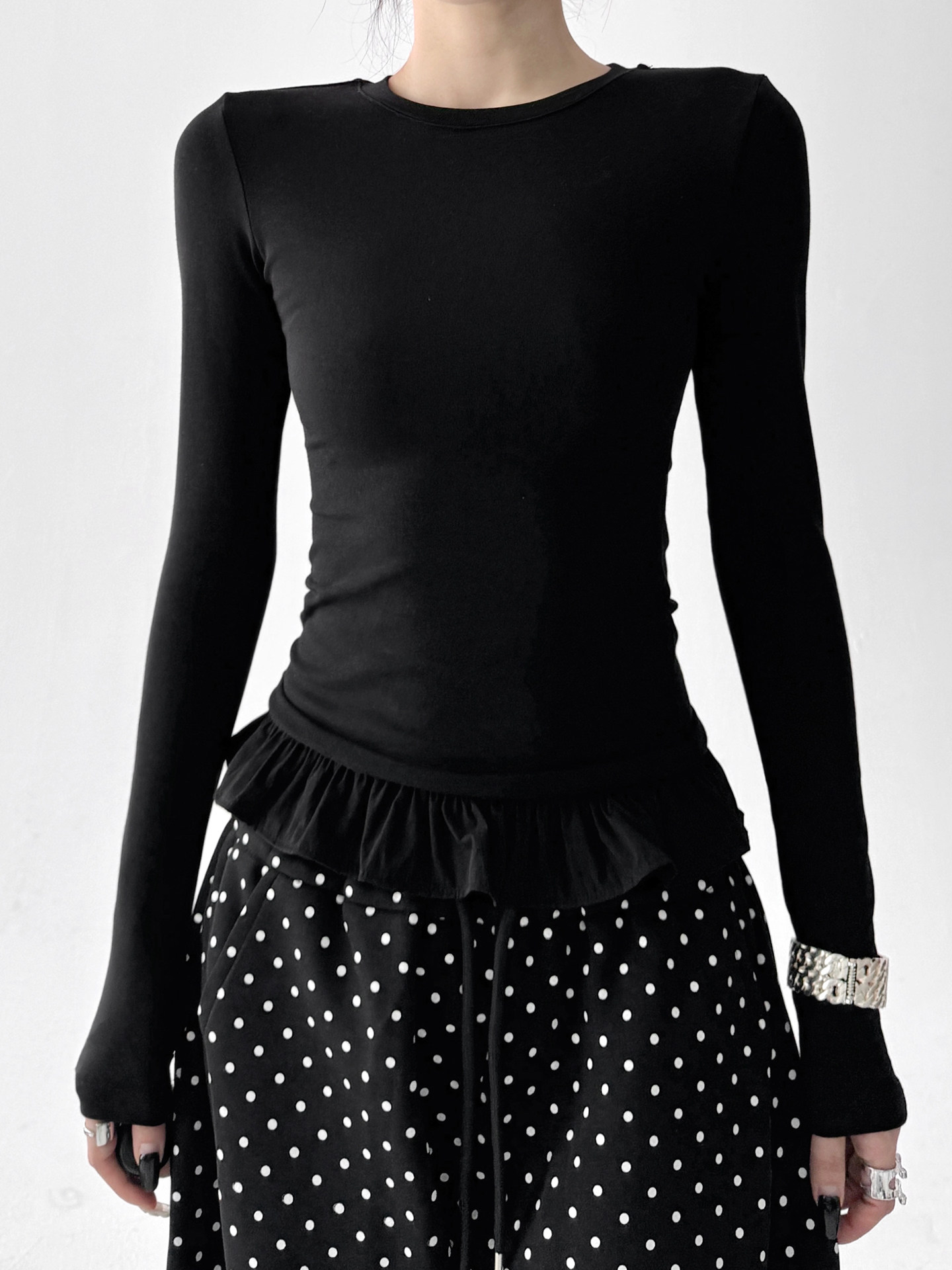Ruffle Hem Fitted Long Sleeve Top - CT52154