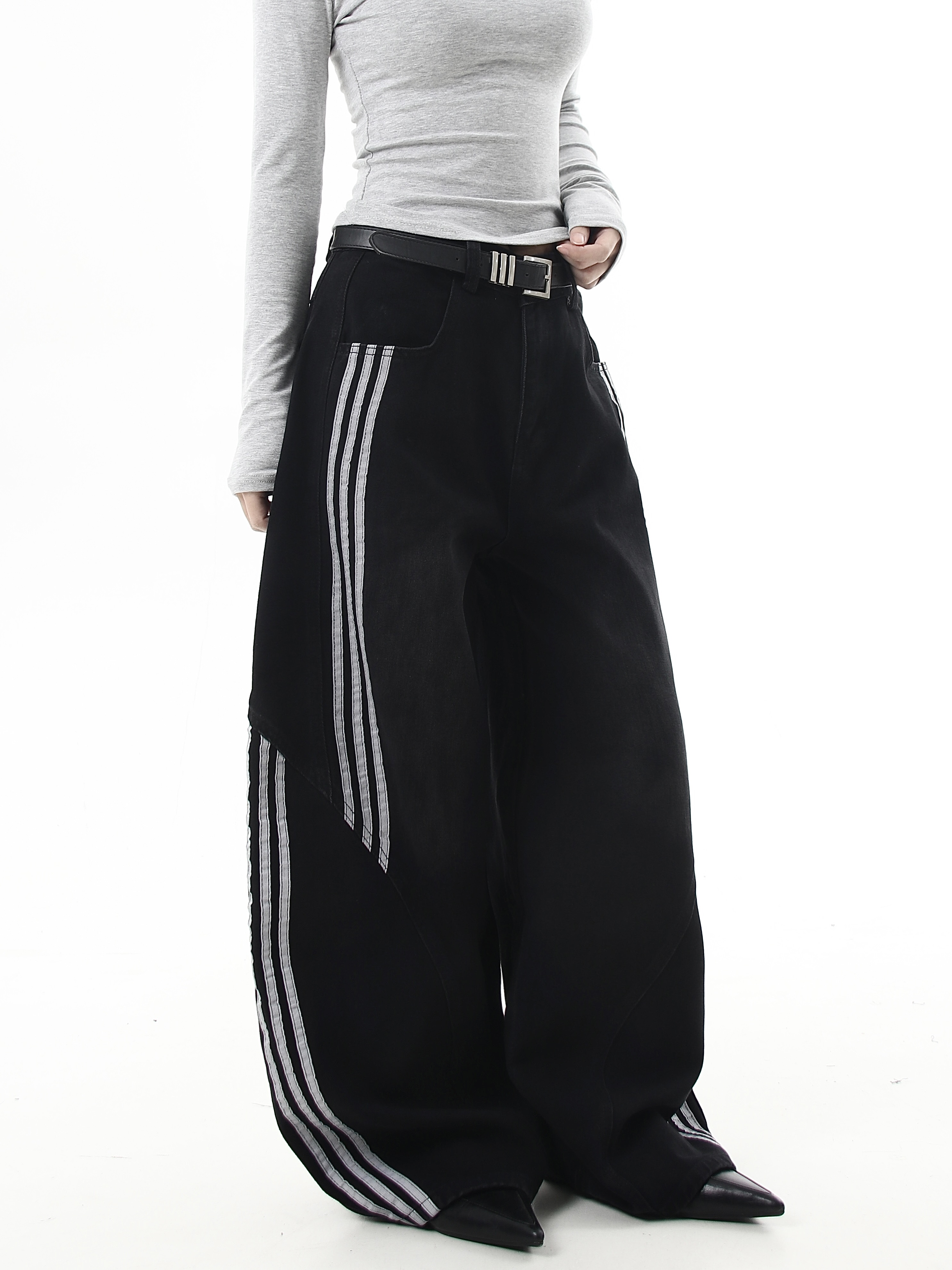 Deconstructed Triple‑Stripe Wide‑Leg Jeans