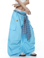 Plaid Belt Layered Badge Parachute Cargo Pants