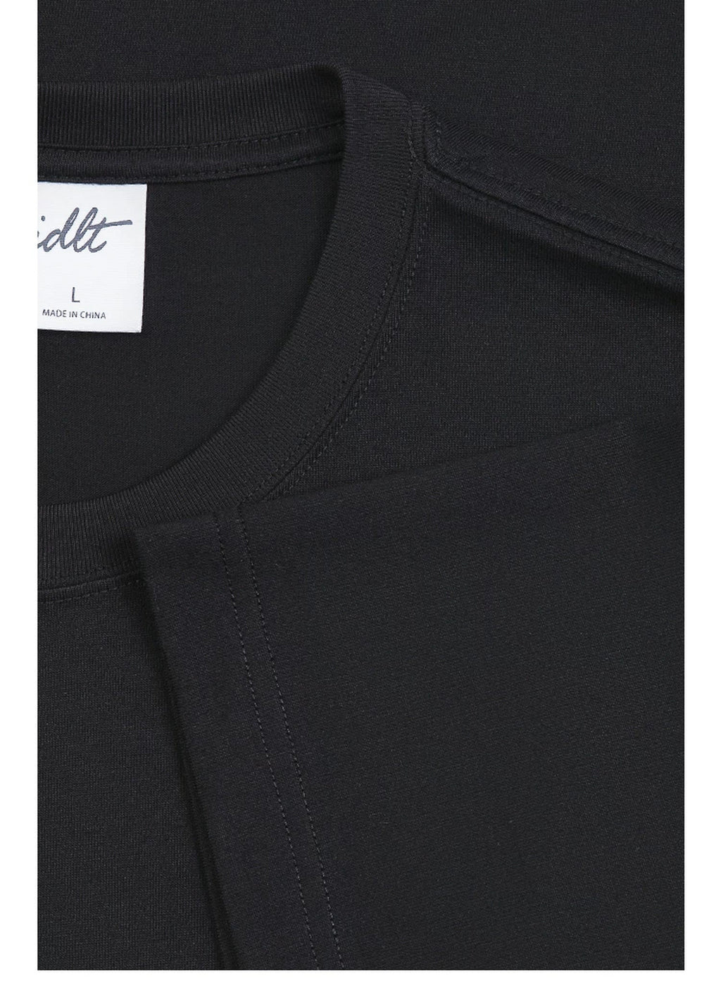IDLT T-shirt, black neckline and label.