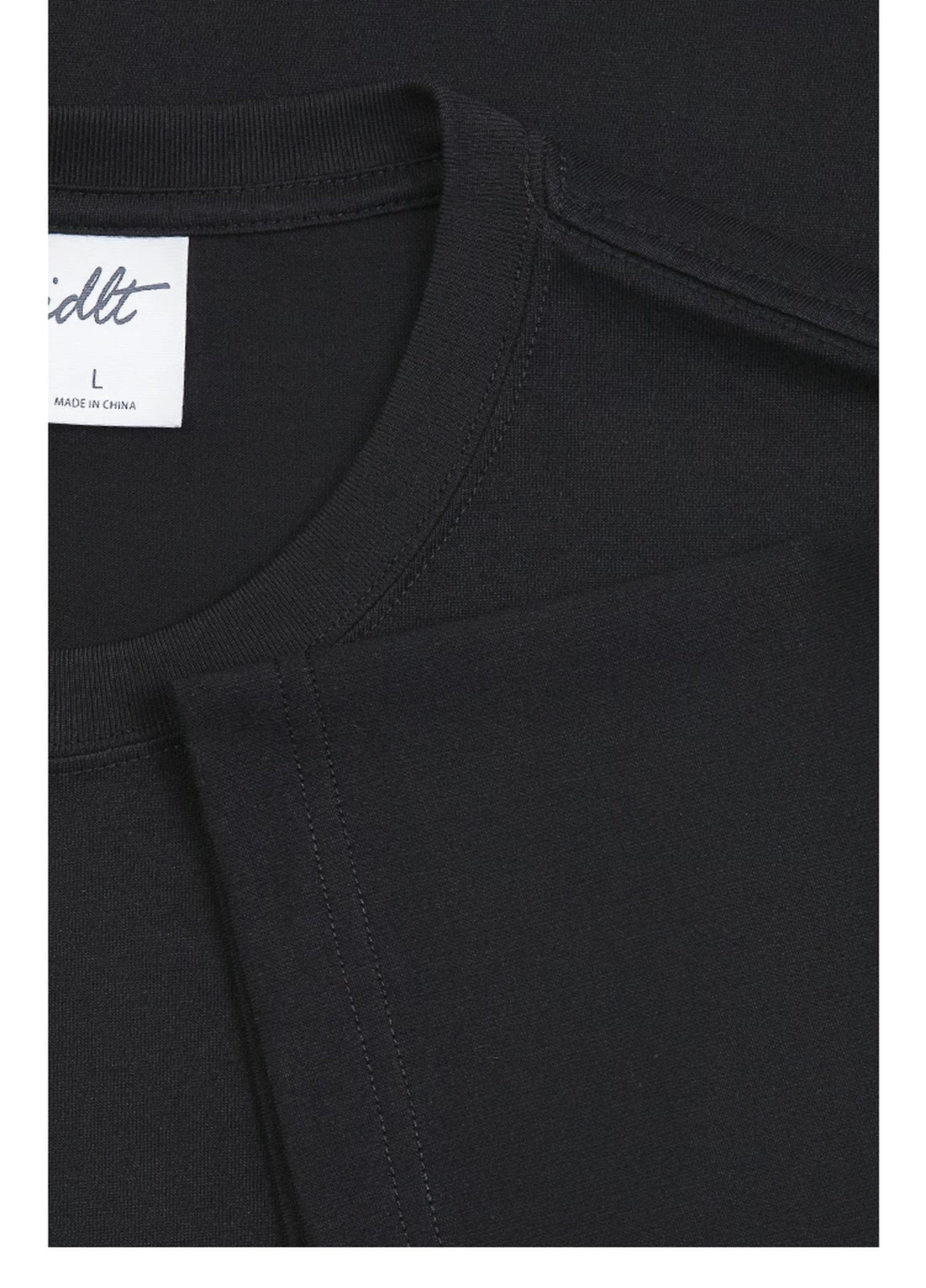 IDLT T-shirt, black neckline and label.