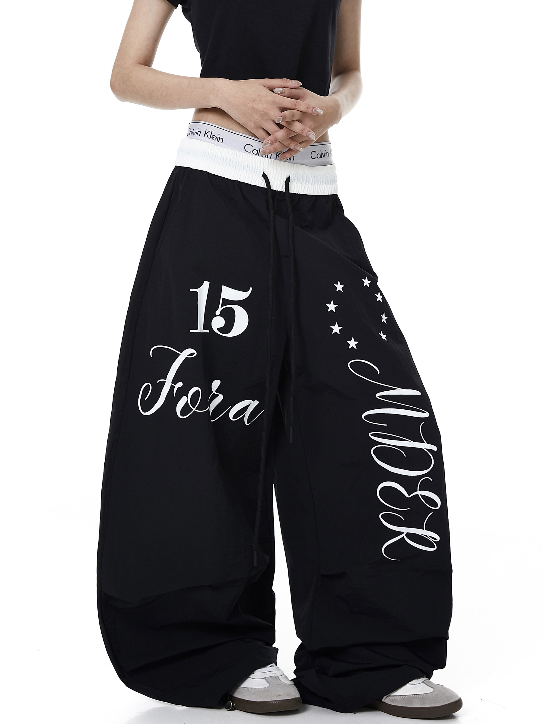 Color-Block Letter Print Parachute Pants