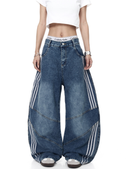 Washed Triple‑Stripe Deconstructed Wide‑Leg Jeans