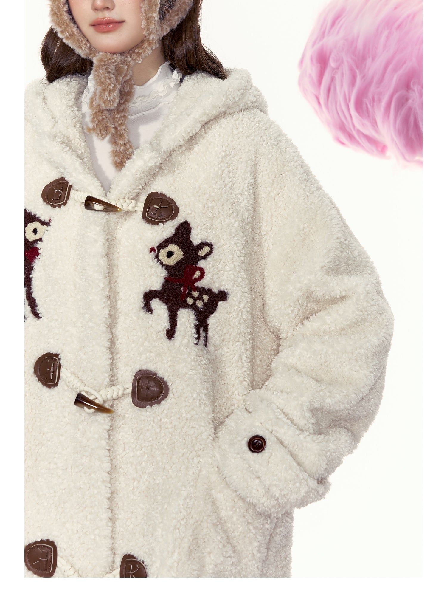Bambi Embroidered Mid - Length Hooded Sherpa Fleece Coat - COPPING THREADS - AYF
