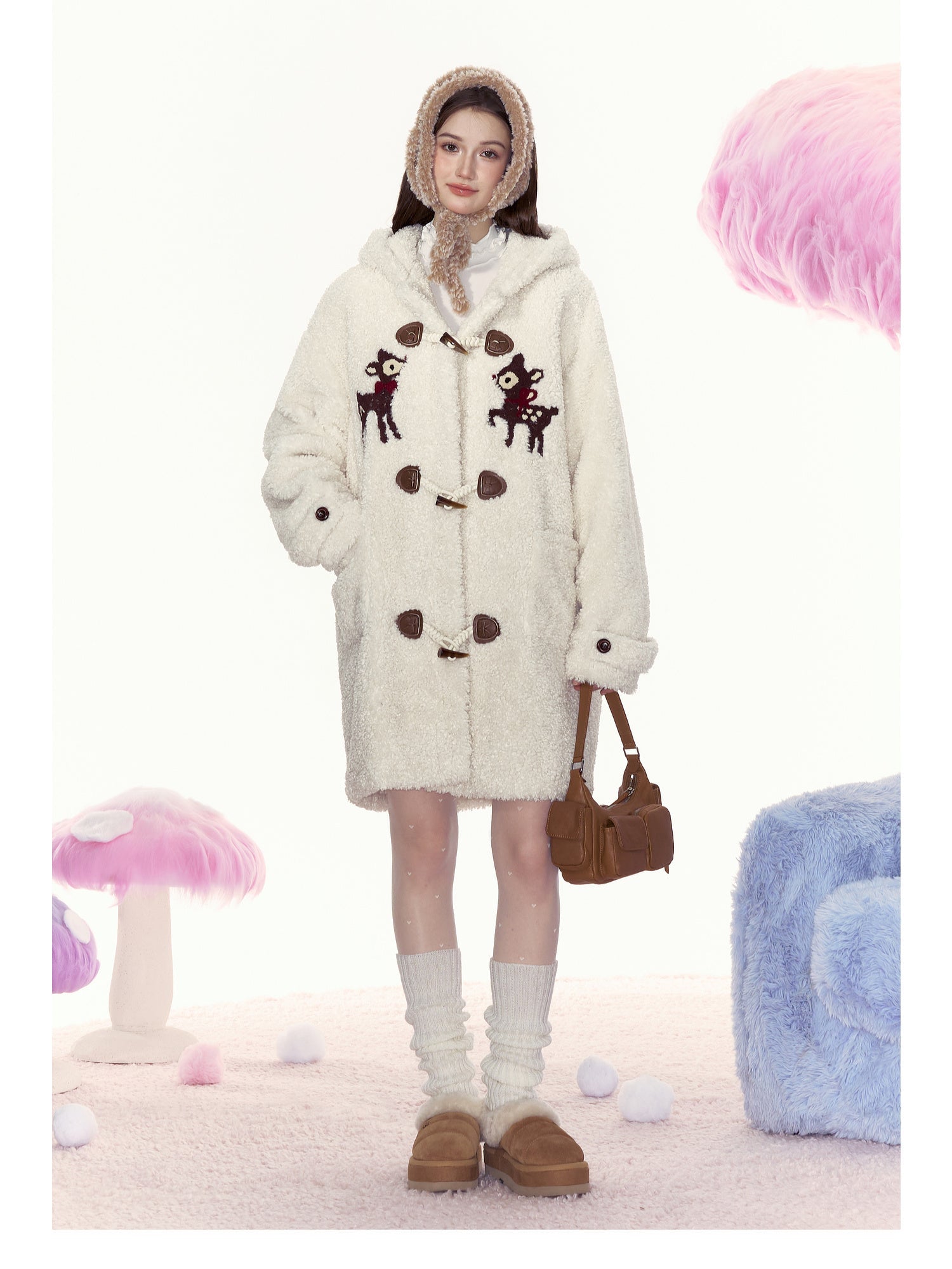 Bambi Embroidered Mid - Length Hooded Sherpa Fleece Coat - COPPING THREADS - AYF