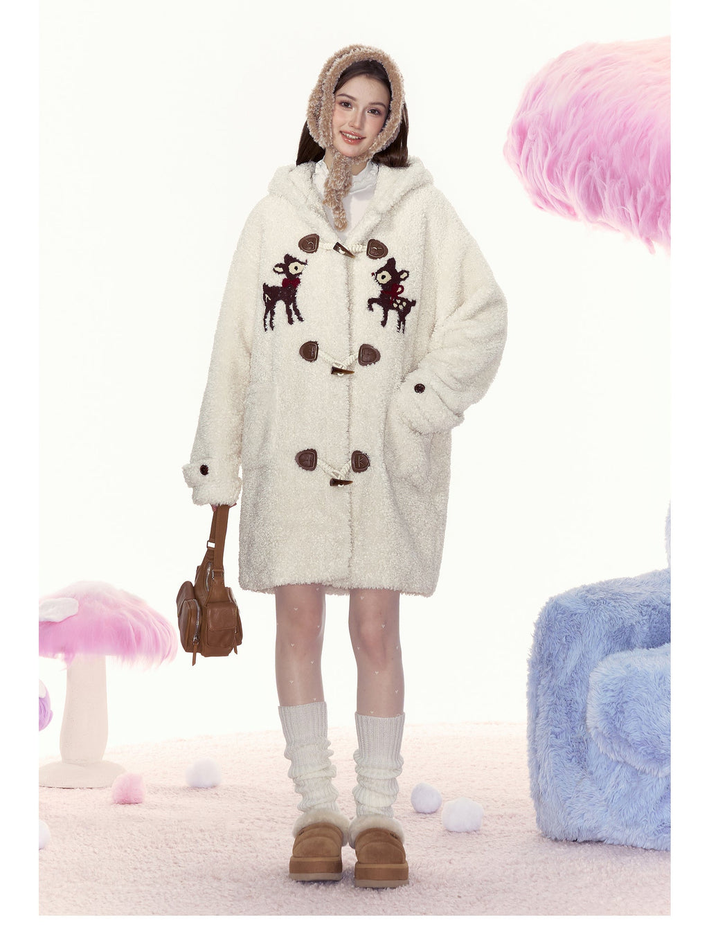 Bambi Embroidered Mid - Length Hooded Sherpa Fleece Coat - COPPING THREADS - AYF