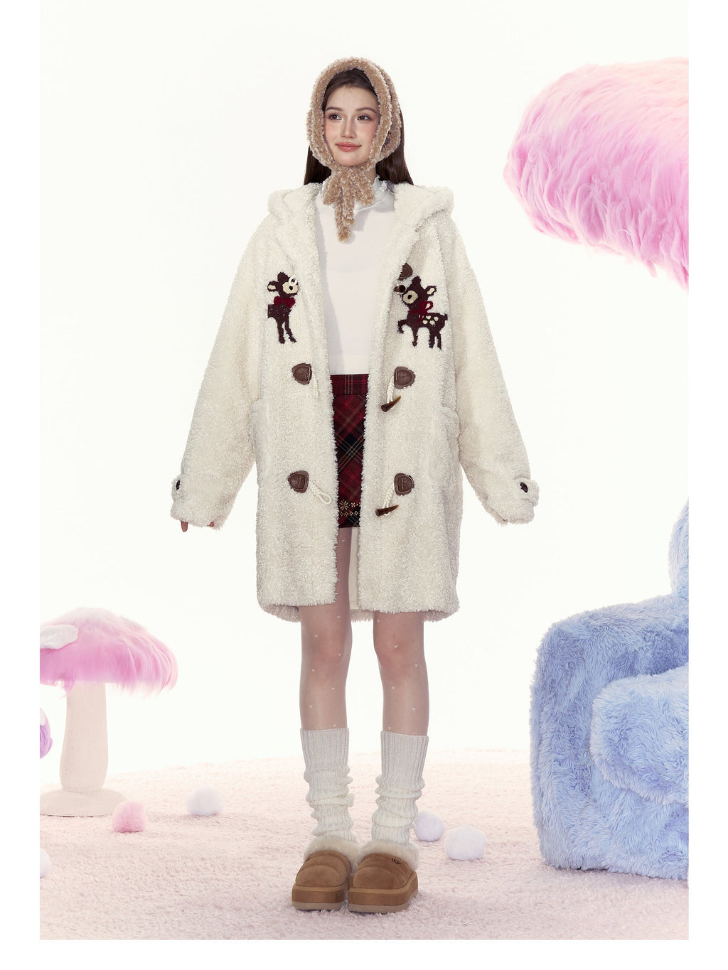 Bambi Embroidered Mid - Length Hooded Sherpa Fleece Coat - COPPING THREADS - AYF