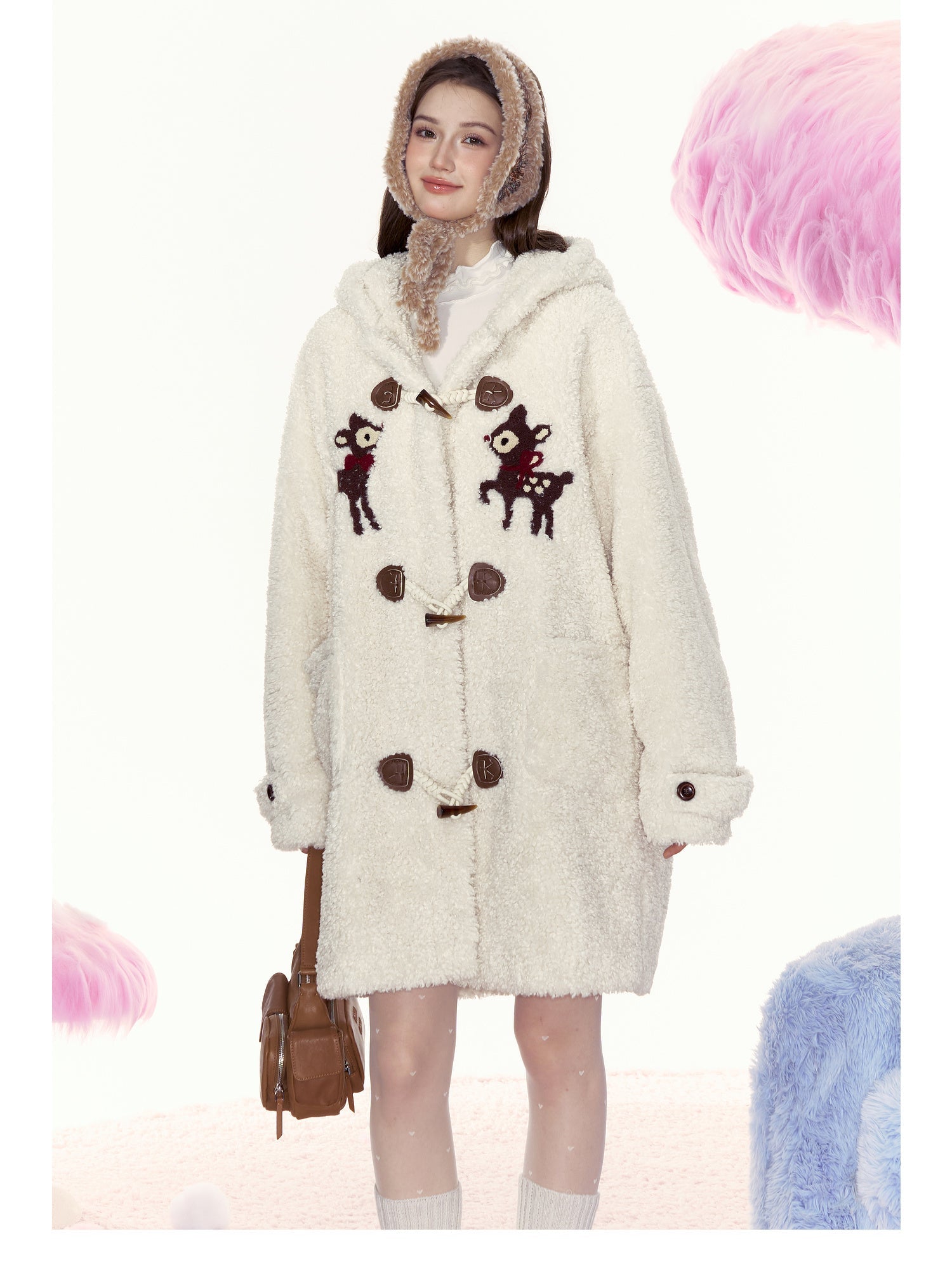 Bambi Embroidered Mid - Length Hooded Sherpa Fleece Coat - COPPING THREADS - AYF