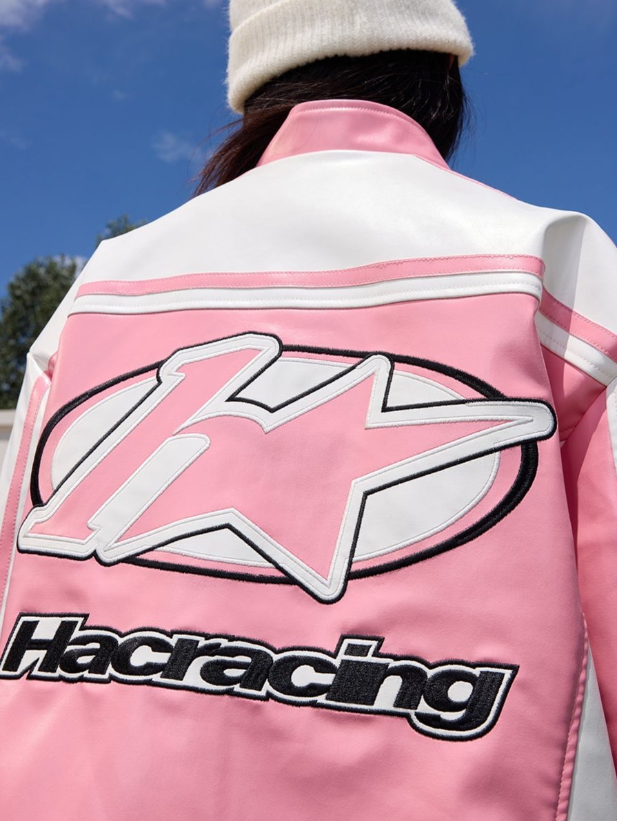 Barbie Pink and White Embroidered Racing Jacket - COPPING THREADS - Harsh and Cruel
