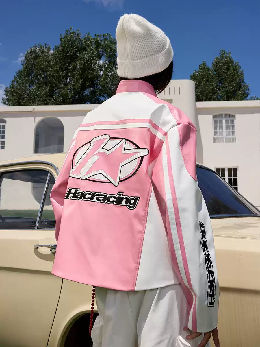 Barbie Pink and White Embroidered Racing Jacket - COPPING THREADS - Harsh and Cruel